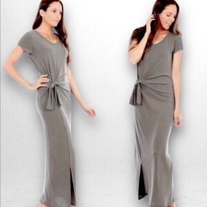 Hummingbird Modal Maxi Shirt Dress Short Sleeve Side Knot Side Slit Gray Large